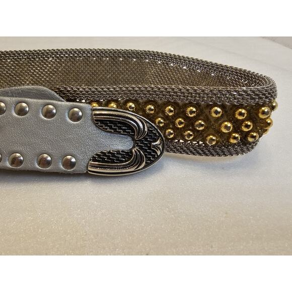 Vintage‎ USMECO Silver Woven Mesh Metal Braided Studded Leather Belt w/gold Bead - Picture 4 of 14
